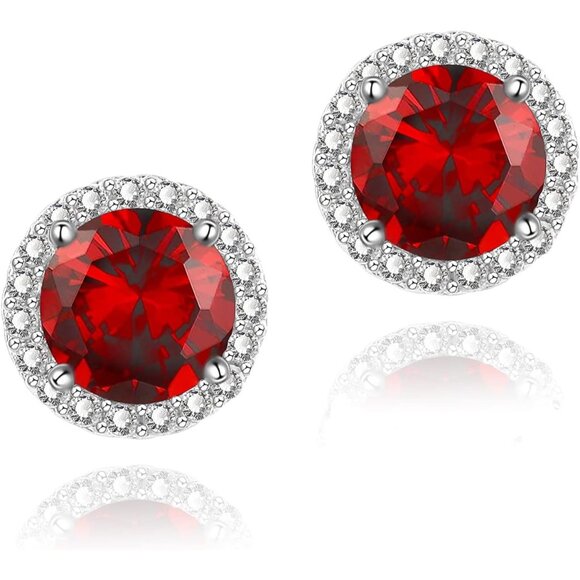 Women's Round Red Birthstone Elegant Mall Dainty Halo Cubic Zirconia Earring - Picture 1 of 6